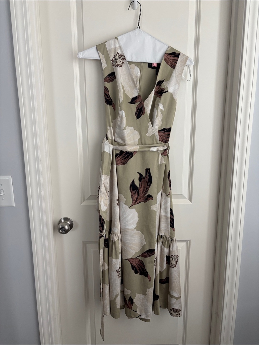 Donna Karan Sage Green Floral Wrap-Style Midi Dress